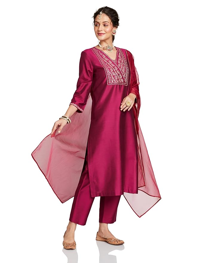Amazon Brand - Myx Women's Embroidered Kurta Set with Organza Dupatta (Available in Plus Sizes)