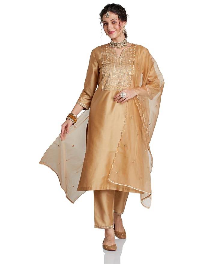 Amazon Brand - Myx Women's Embroidered Kurta Set with Organza Dupatta (Available in Plus Sizes)