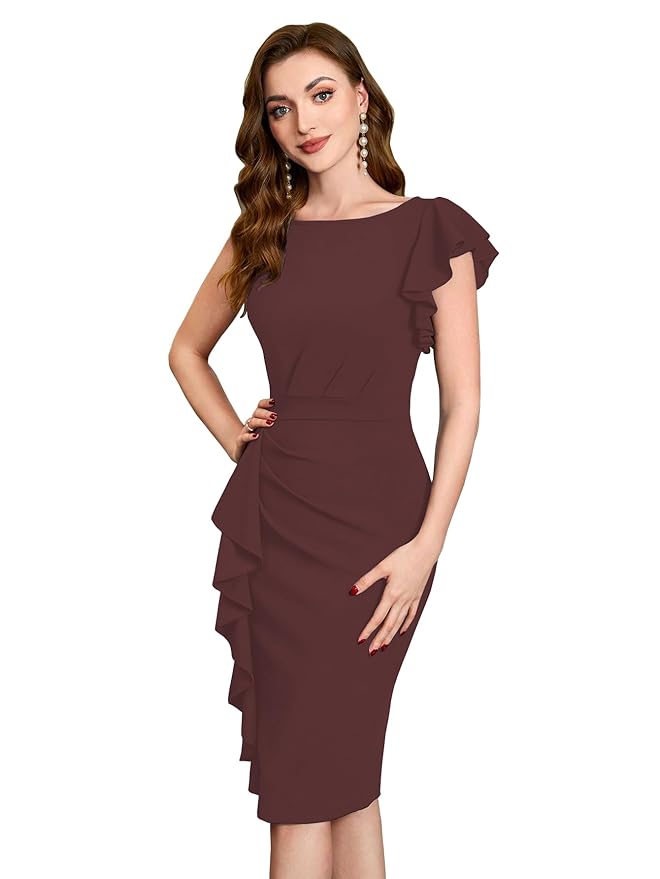 Shasmi Girl's & Women's Asymmetrical Sleeve Ruffle Trim Cocktail Party Fitted One Piece Knee Length Midi Dress for Women Stylish Dresses (Midi 169)
