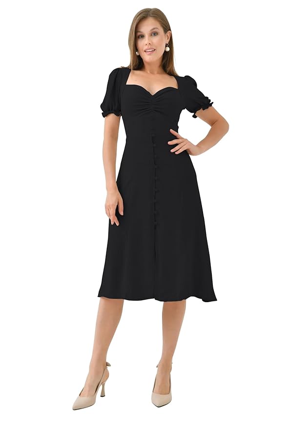 Shasmi Girl's & Women's Solid Midi Dress – Elegant Square Neck Button-Down Dress with Puff Short Sleeves | Stylish Casual & Party & Office Wear Outfit (Dress 105)