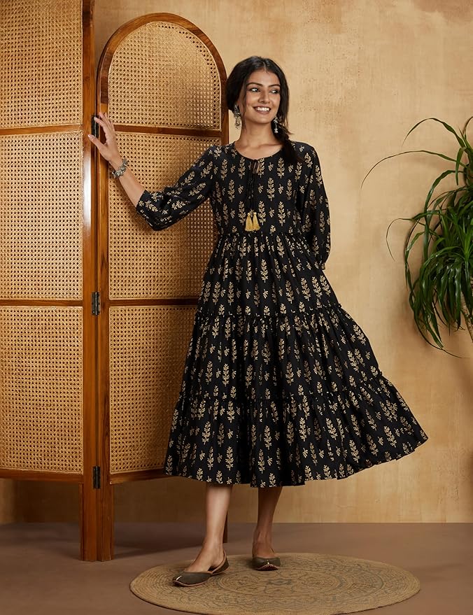 Amazon Brand - Myx Women Cotton Printed Tiered Dress (Available in Plus Sizes)