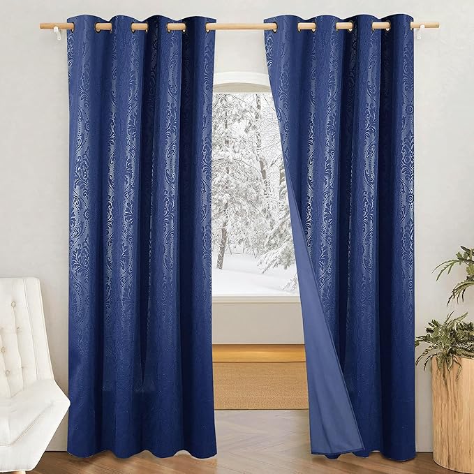 Amazon Brand - Solimo Polyester 100% Blackout Printed Emboss Door Floral Curtains|Blackout Door Curtains|7 Feet|Set of 2|Emboss Floral Design |for Living Room Kids Room and Bedroom |Blue