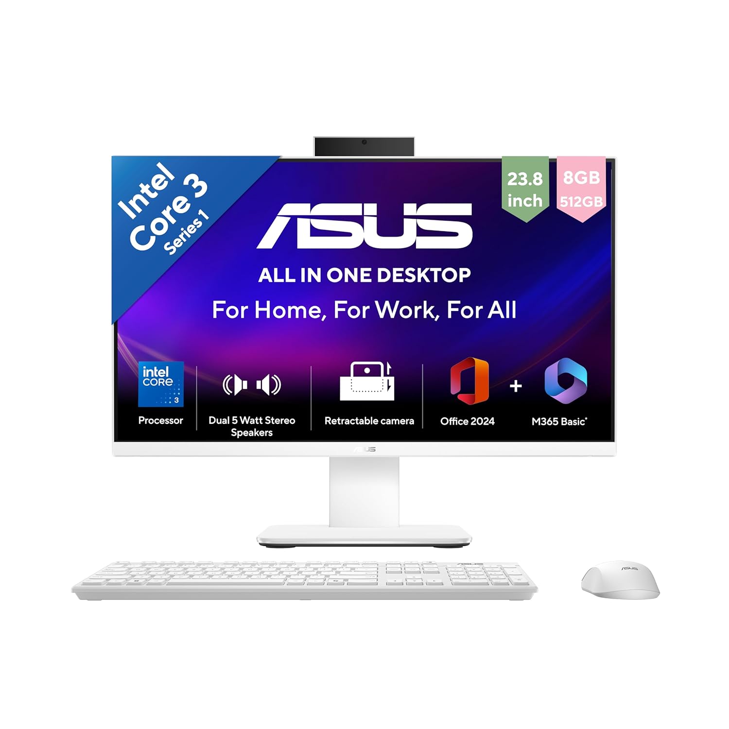 ASUS V400 (2026),Intel Core 3 100U (14th Gen),Intel iGPU,8GB/512GB,FHD,23.8"(60.45 cm),Windows 11,M365 Basic(1Y),Office 24,White,5.46 kg...