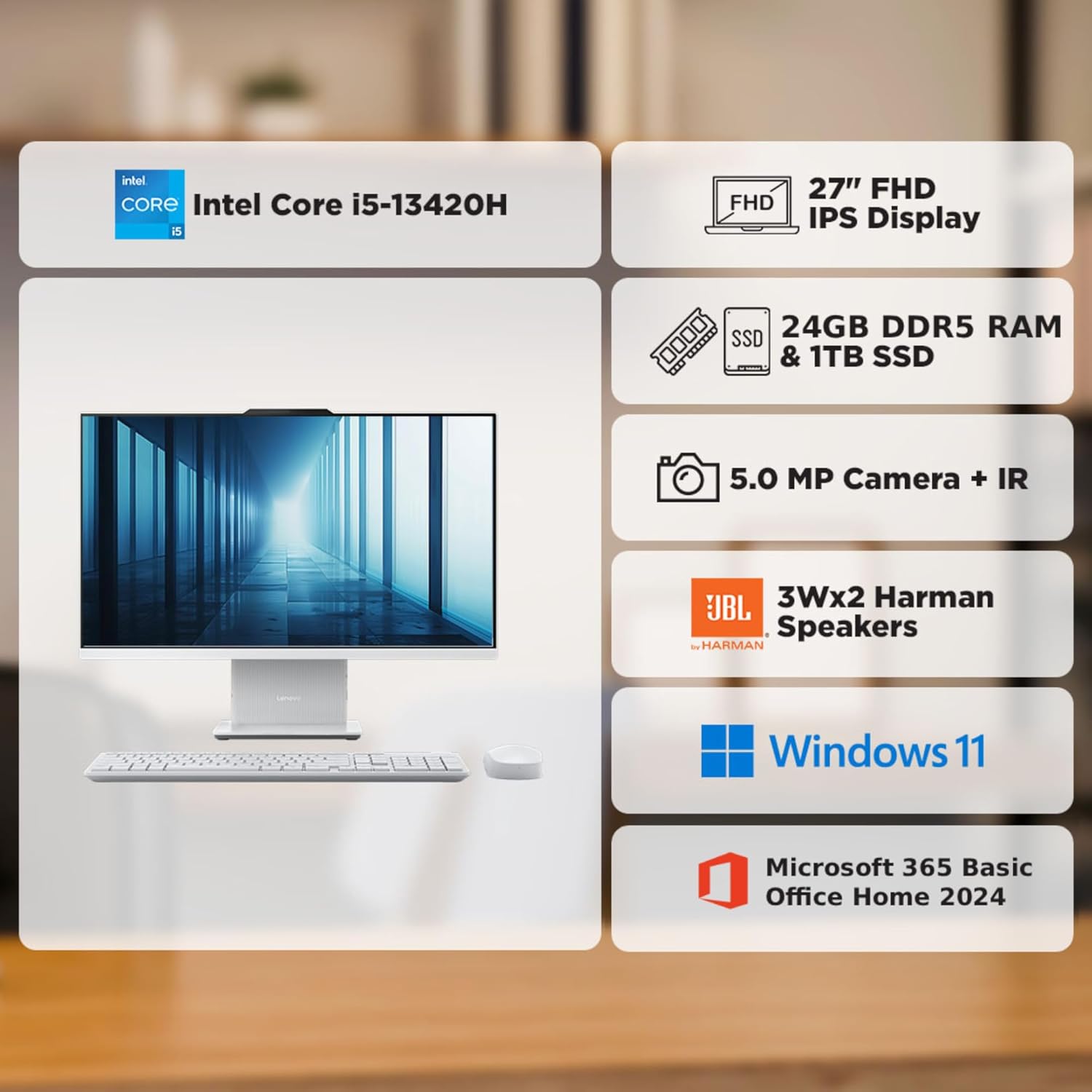 Lenovo IdeaCentre AIO Intel Core i5-13420H 27" FHD (24GB RAM/1TB SSD/Win11/Microsoft 365 Basic + Office Home 2024/3Wx2 Harman/Wireless EOS Keyboard & Mouse,Grey), F0HM00W6IN All-in-One Desktop