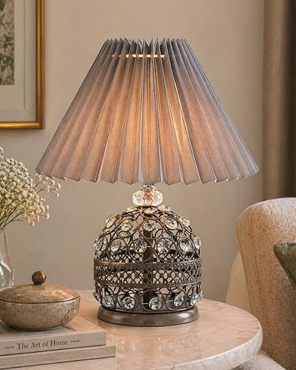 Homesake® Modern Small Crystal Table Lamp, Contemporary Bedroom Bedside Nightstand Lamp, Morden Minimalist, Desk Globe Lamp for Living Room Girls Kids Room, Fabric Shade (Pink)