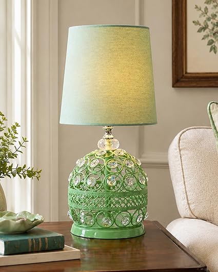 Homesake® Modern Small Crystal Table Lamp, Contemporary Bedroom Bedside Nightstand Lamp, Morden Minimalist, Desk Globe Lamp for Living Room Girls Kids Room, Fabric Shade (Pink)