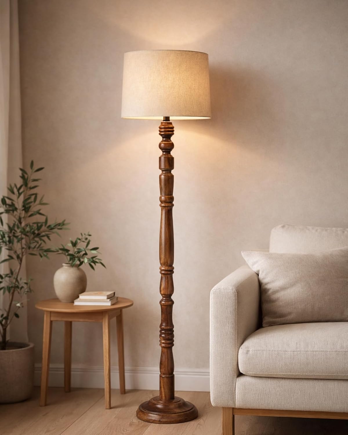 Homesake® Rustic Wood Floor Lamp for Living Room Walnut Brown with Multicolor Fabric Lamp Shade | Light Decoration for Home Side Lamp for Living Room | Antique Floor Light, Candlestick, Jute