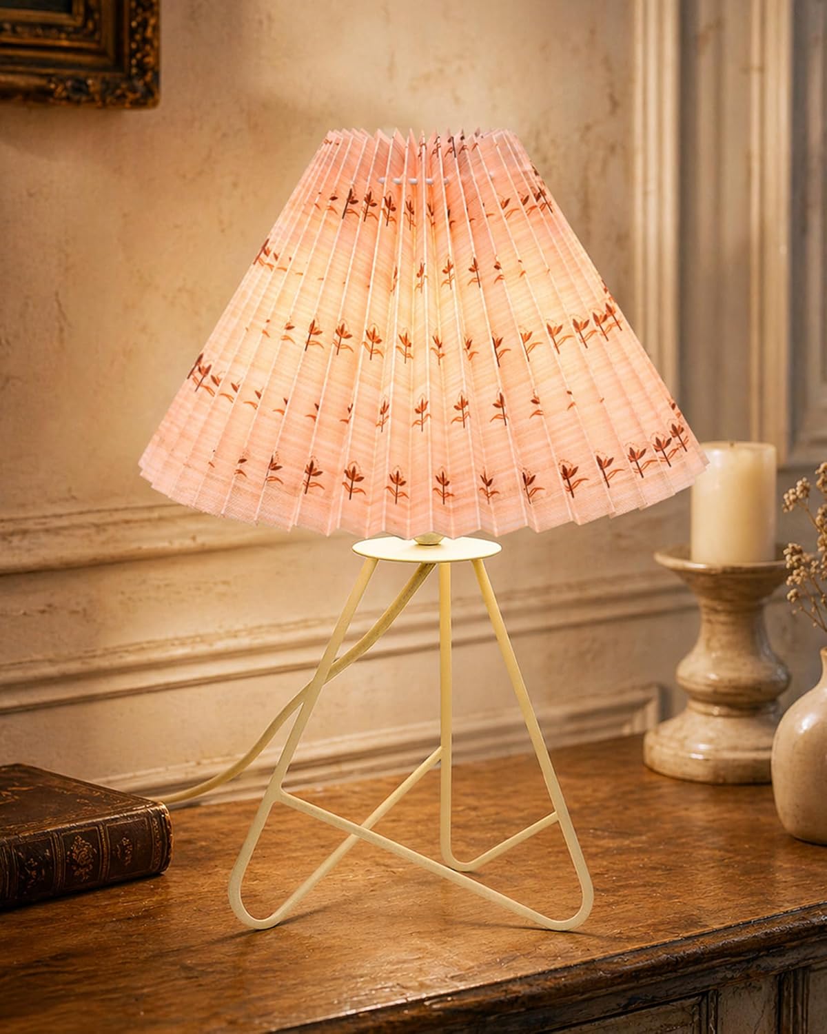 Homesake® Retro Down to the Wire Metal Table Lamp with Fabric Shade, Bedside Lamp Gift Housewarming Home Living Room, Pleated Shade (Off-White)