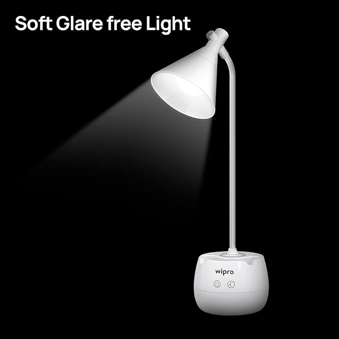 wipro Orion 6w Rechargeable LED Table Lamp |3 Grade Dimming with Night Light |Adjustable Desk Lamp for Study |Mobile Holder |with Pen Stand | Li-Ion Battery, ABS, White (Pack of 1)