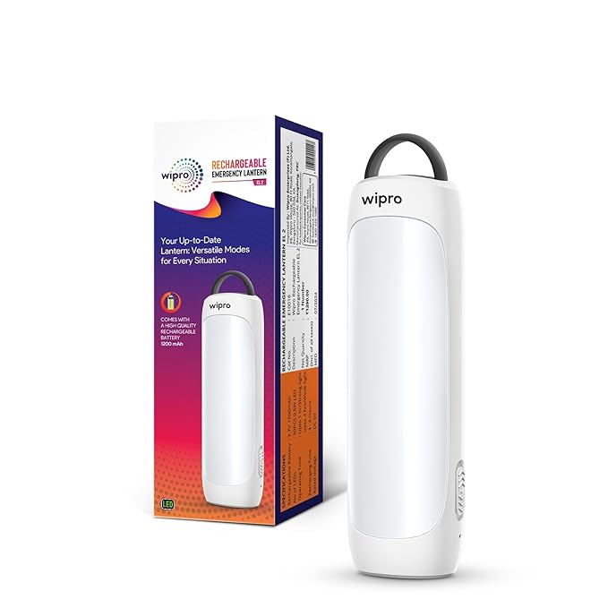 wipro EL2 Rechargable Emergency Lantern with 2-in-1 Lighting Mode|Translucent Diffuser for Uniform Light|Compact Design|Robust & Sturdy Product Material|Pack of 1, White