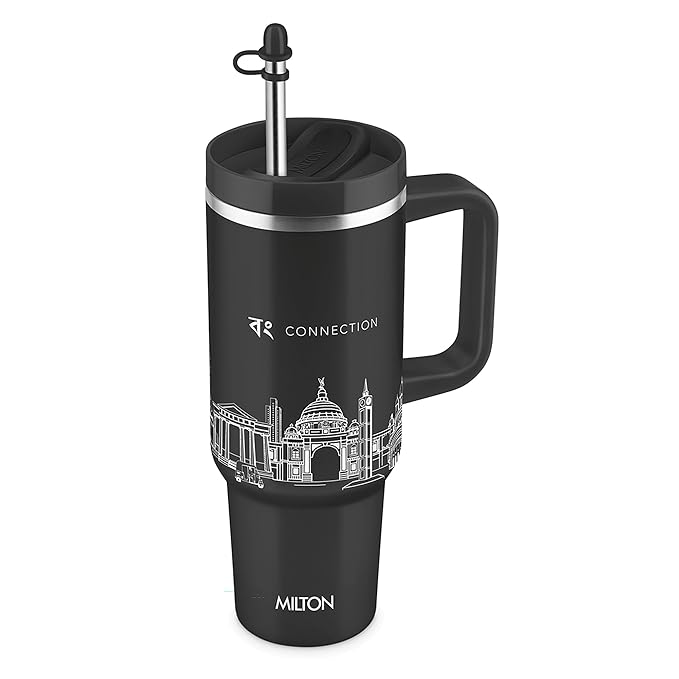 MILTON Malmo 1200 Thermosteel Double Wall Vacuum Insulated Stainless Steel Tumbler with Handle 1100ml, Travel Mug with Straw,Silicon Cap,Cleaning Brush,Hot & Cold Beverage Flask,Kolkata Black