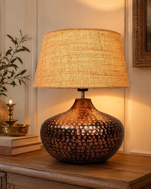 Homesake® Antique Hammered Table Lamp for Bedroom & Living Room, Oil Rubbed Bronze Metal Bedside Lamp, Vintage Rustic Decorative Nightstand Desk Lamp for Home Decor, Jute Drum Shade