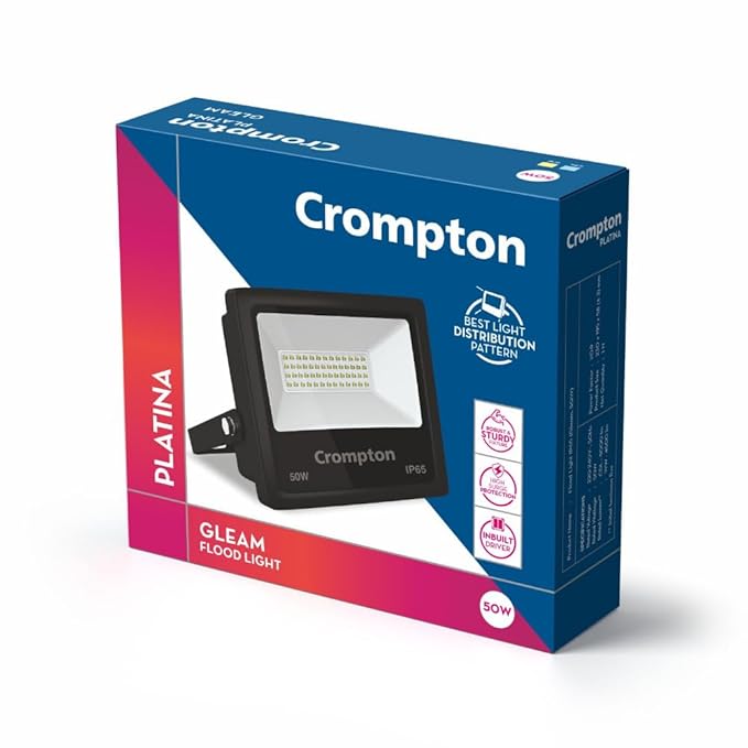 Crompton Gleam Neo LED Flood Light 50W Cool Day Light | Pack of 1 | Outdoor Waterproof Security Light | Wide Angle Beam for Monument Lighting, Shops, Malls, Parking Area