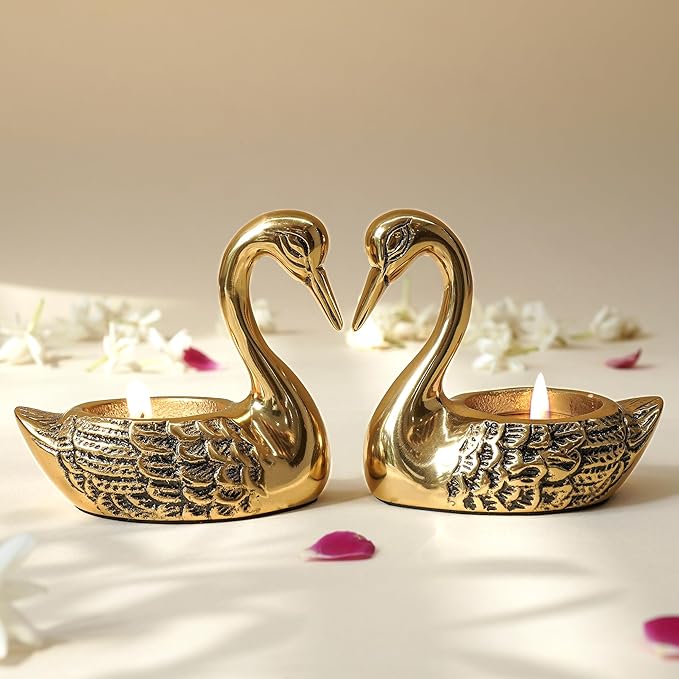 Behoma Aluminium Pair of Swans Tea Light Candle Holder with 2 T-Light Candles for Home Décor Living Room | Decorative Romantic Swan Couple Showpiece for Table Décor | Anniversary Wedding Gift | Golden