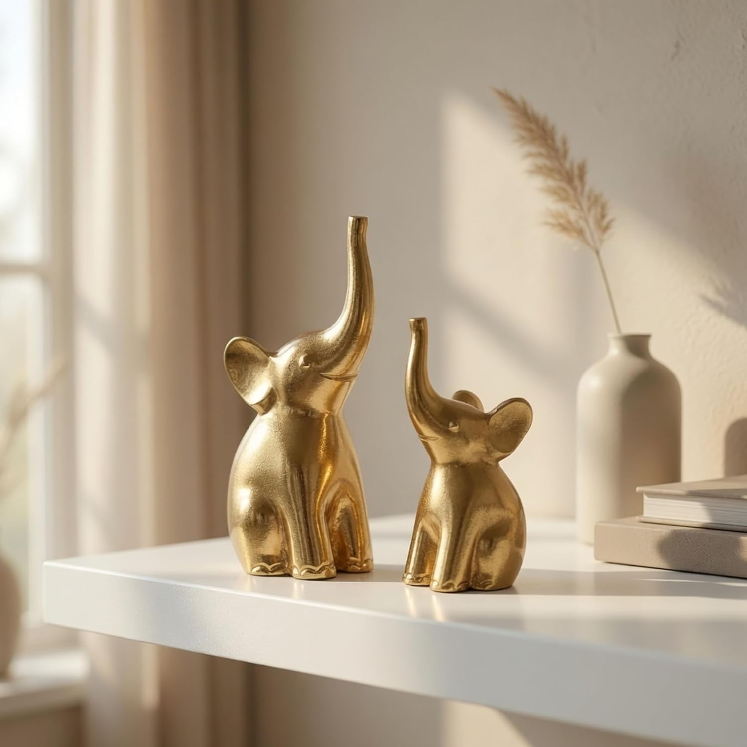 BEHOMA Aluminium Elephant Set of 2 Decorative Figurine Showpiece with Gift Box | Elegant Modern Tabletop Art for Living Room, Office, Bedroom, Shelf Display | Home Decor Accent (Large + Medium)