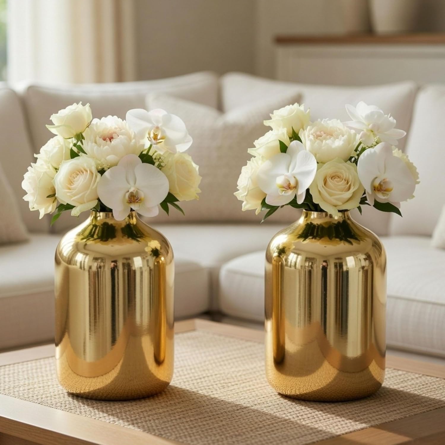Behoma Metal Flower Vase Set of 2 pcs for Home Decor Bedroom Living Room Office Wedding | Table Decorative Item for Festivals Birthday Gold (Flower Not Included, Modern)