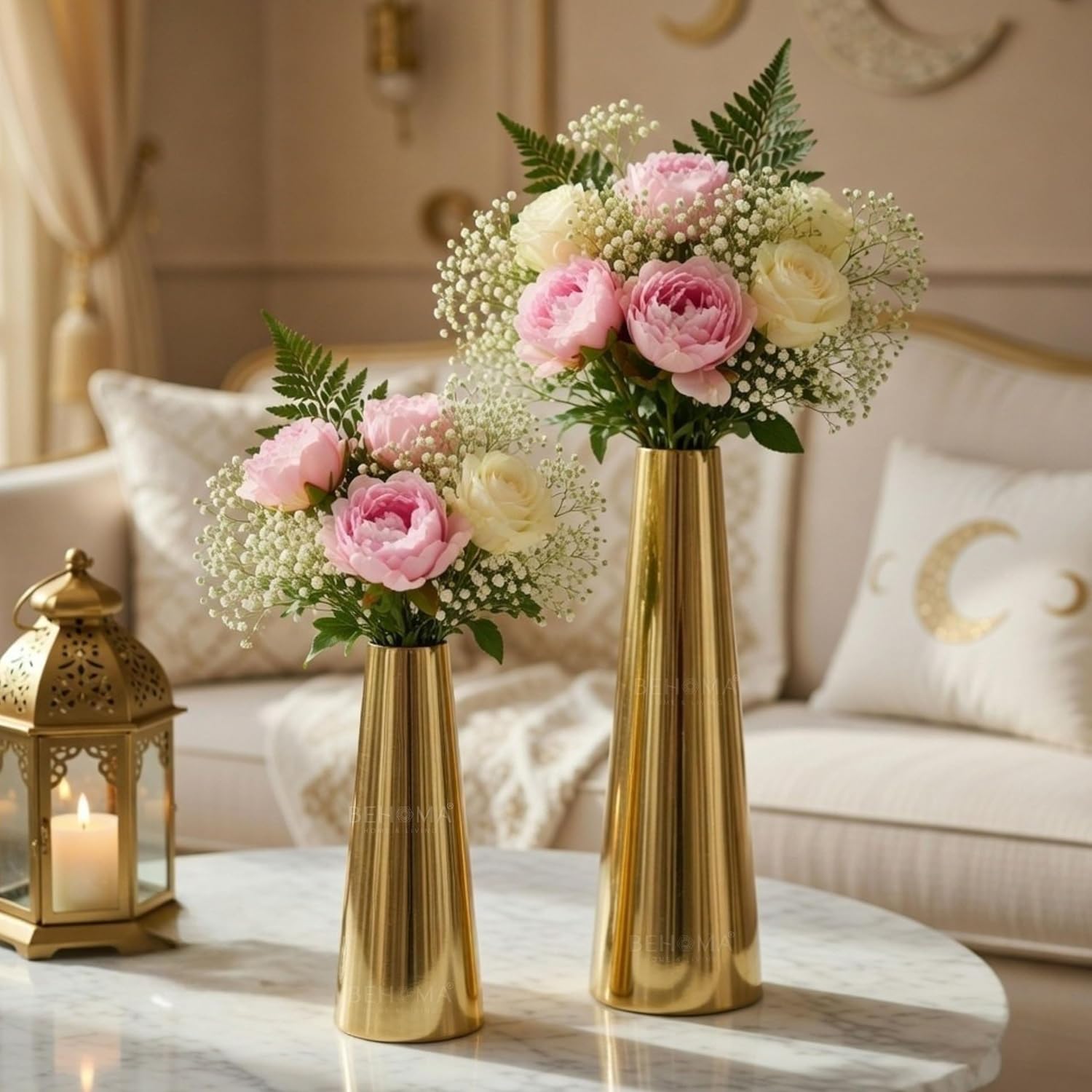BEHOMA Golden Metal Slim Cone Flower Vase for Home Décor, Bedroom, Living Room, Office | Table Decorative Item for Festivals, Birthday, Wedding Decoration | Set of 2 (8" & 10.6") (Flower Not Included)