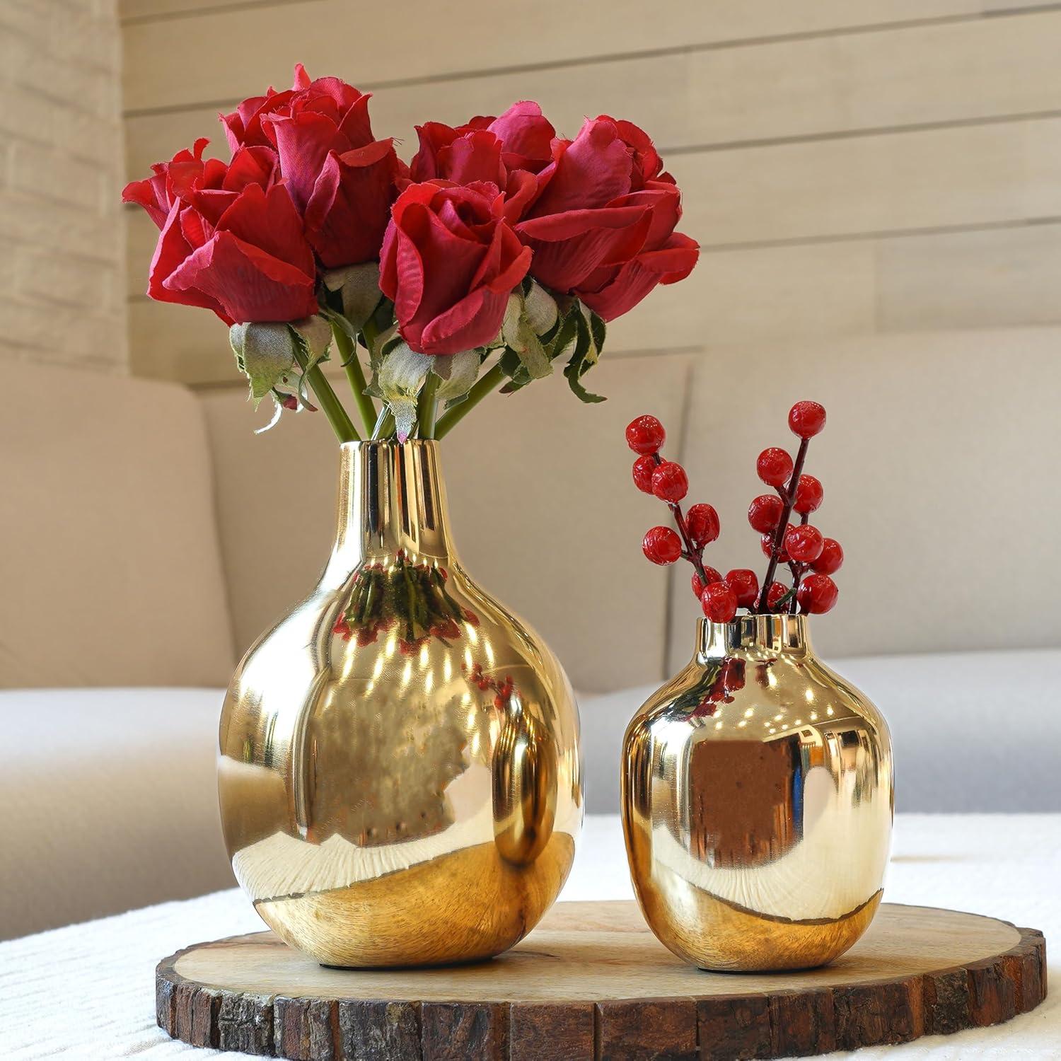 BEHOMA Glossy Golden Metal Flower Vase for Home Décor, Bedroom, Living Room, Office | Table Decorative Item for Festivals, Birthday, Wedding Anniversary Decoration | Gold, 2 Pcs (Flowers not Included)
