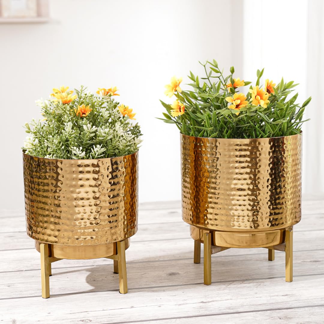 BEHOMA Hammered Metal Indoor Planter for Table Top and Floor | Living Room Drawing Room Balcony Office | Decoration Ideas for Plants| Set of 2 Golden Colour (Plants not Included)