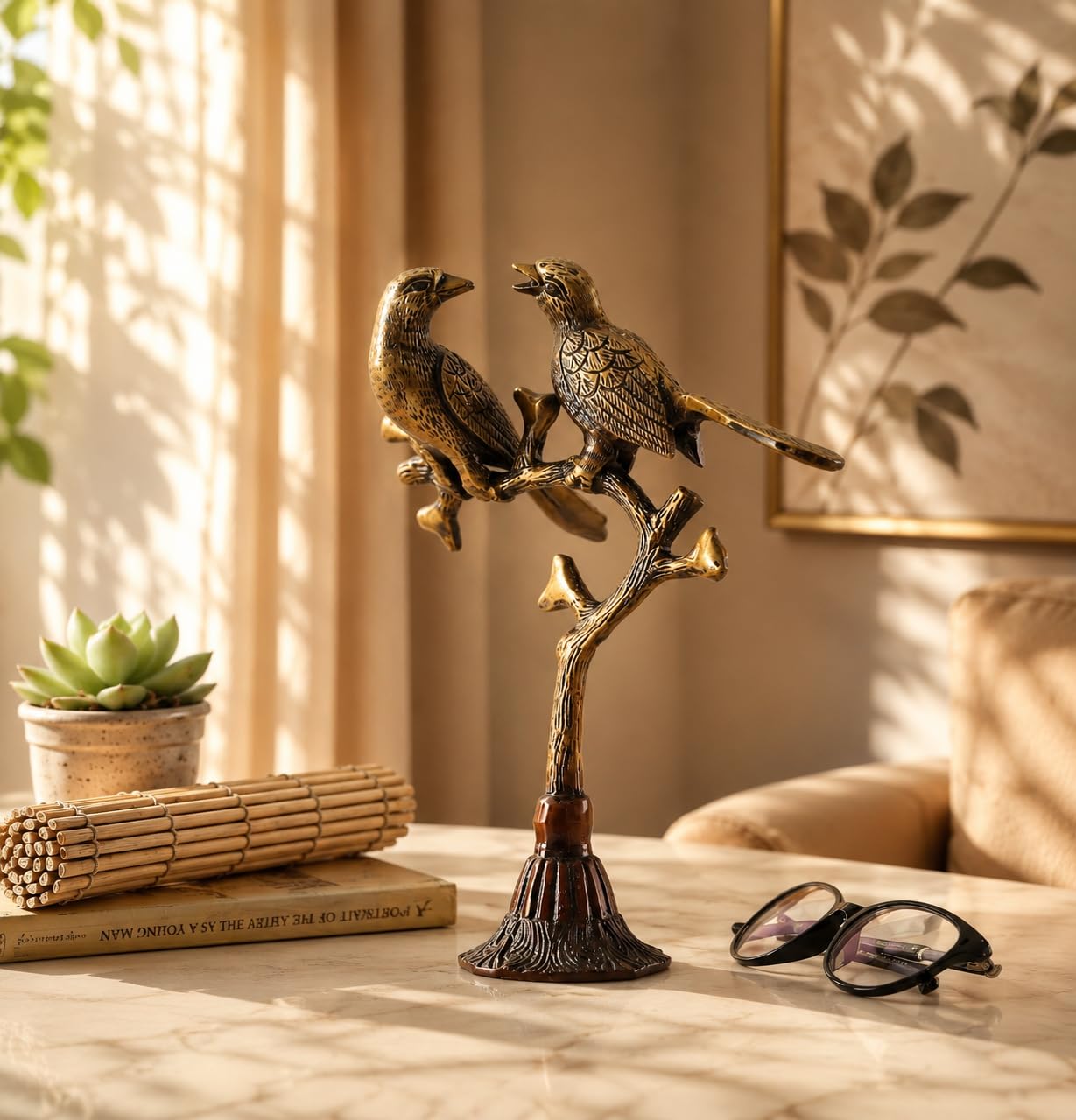 Two Moustaches Brass Love Birds on Tree Showpiece for Home Decor, 9 Inches, 1.05 Kg, Home Decor Show Piece, Figurines, Brass Decor Artifacts, Standard, Multicolour, 1 Piece