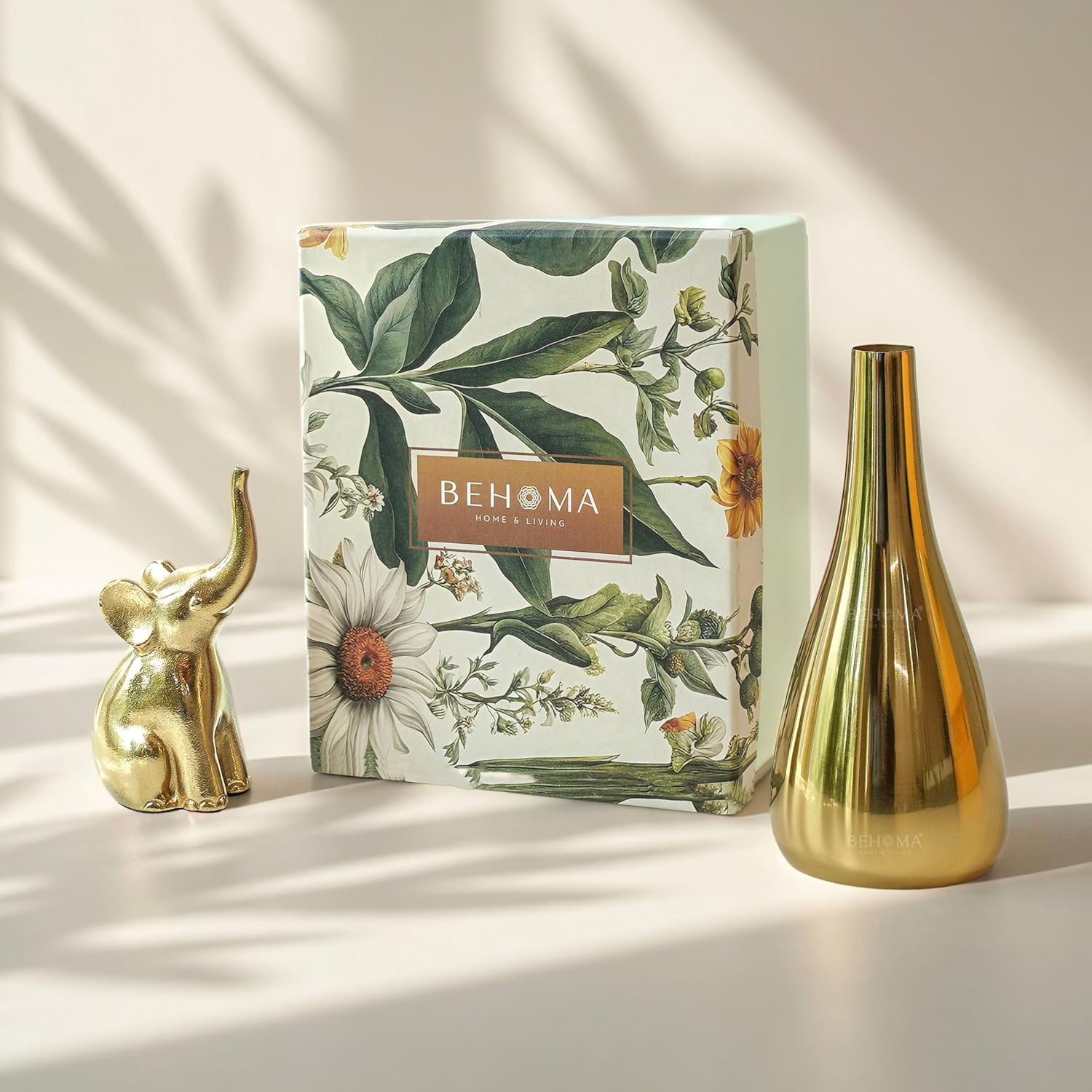 BEHOMA Luxury Home Décor Combo Gift Set | Golden Metal Flower Vase & Elephant Showpiece | Table Decoration Items for Living Room, Office | Gift Set for Diwali, Housewarming, Wedding & Anniversary
