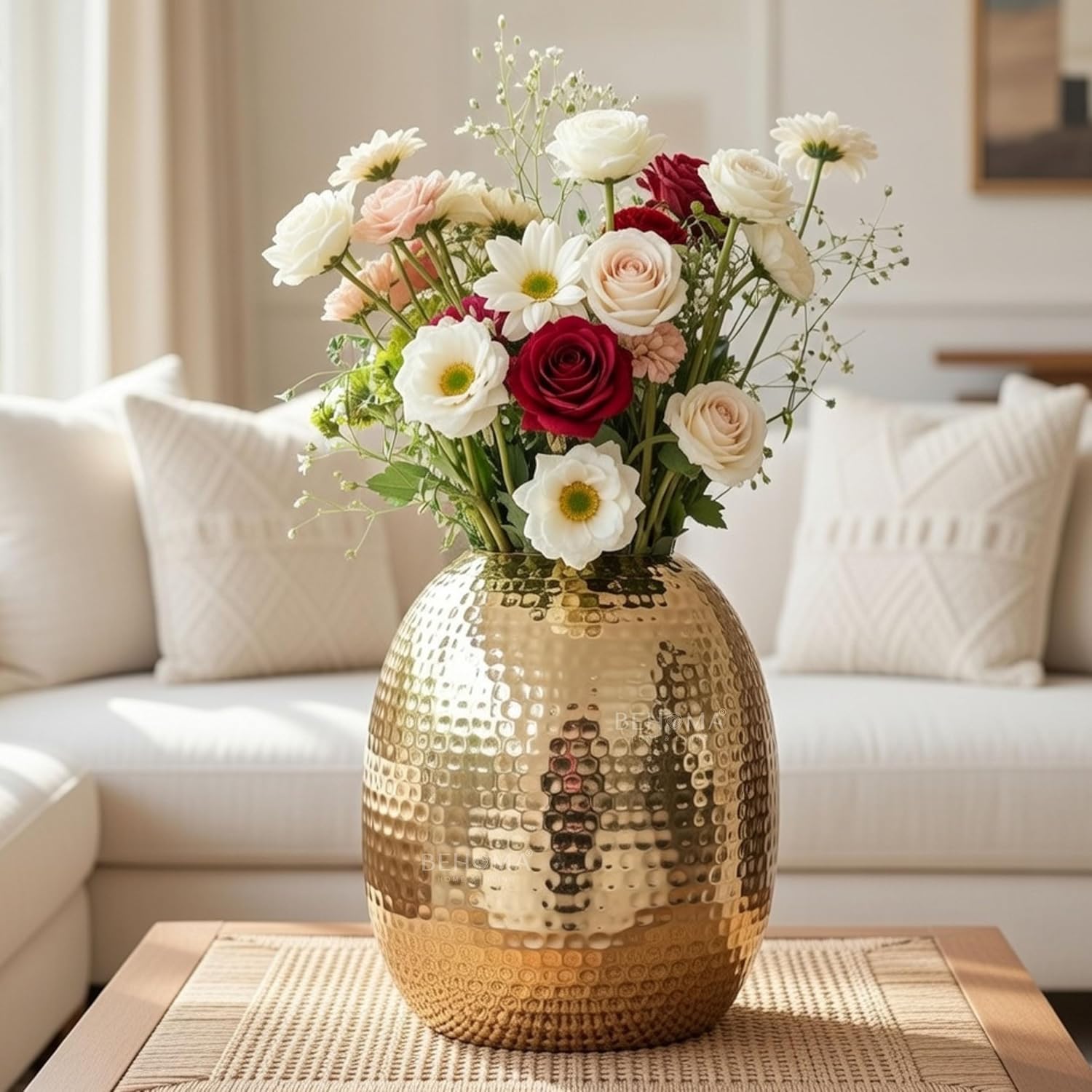 Behoma Metal Oval Shape Vase for Home Decor Decoratives for Living Room Balcony | Best Gift for Birthday Anniversary Diwali Ganpati Onam Festival |Golden 1 Large Pcs (Flowers not Included)