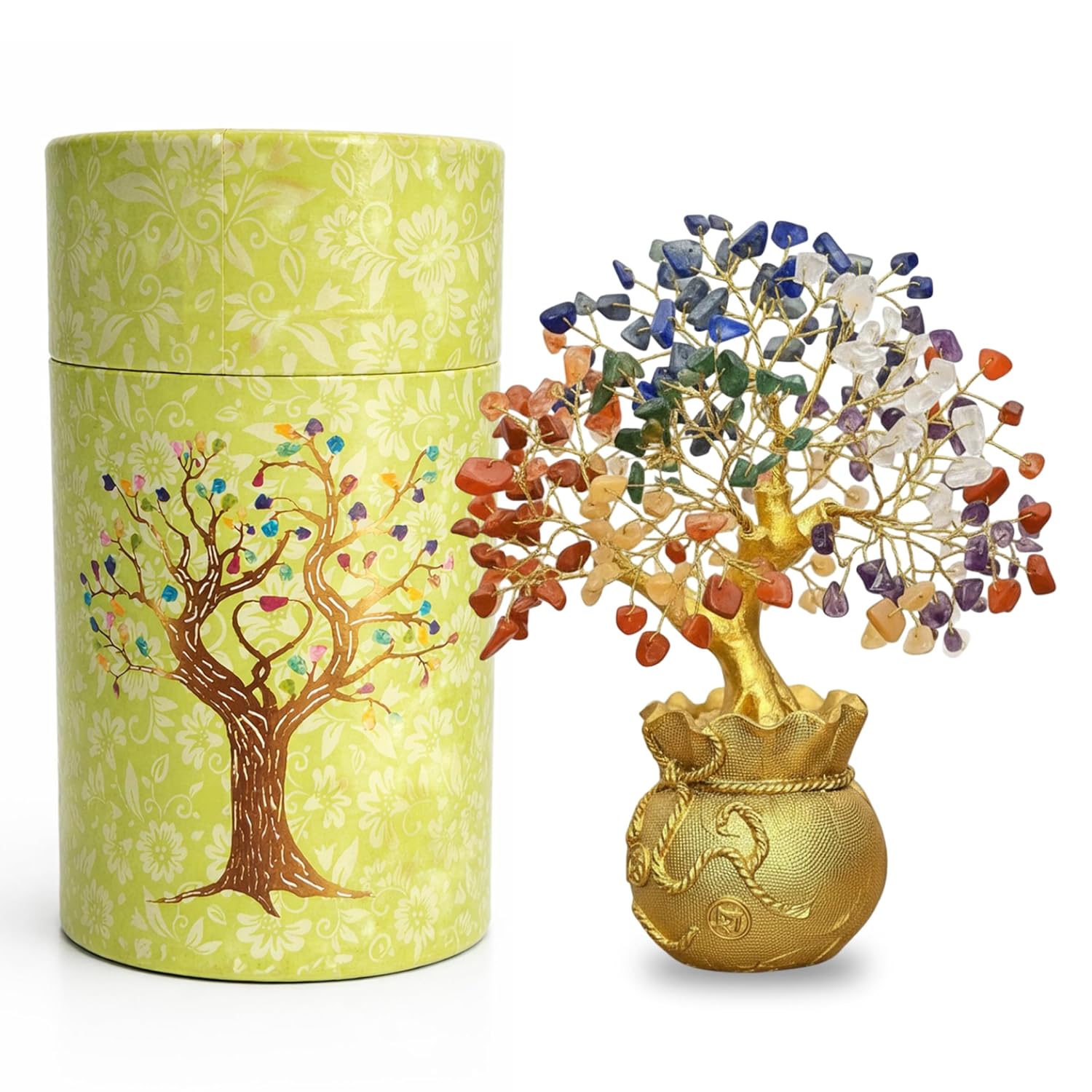 JD FRESH Feng Shui 7 Chakra Crystal Tree with Golden Money Bag Base/Natural Gemstone Decorative Showpiece Bonsai Tree for Home & Office Décor, Good Luck Diwali Gift, Wealth & Prosperity