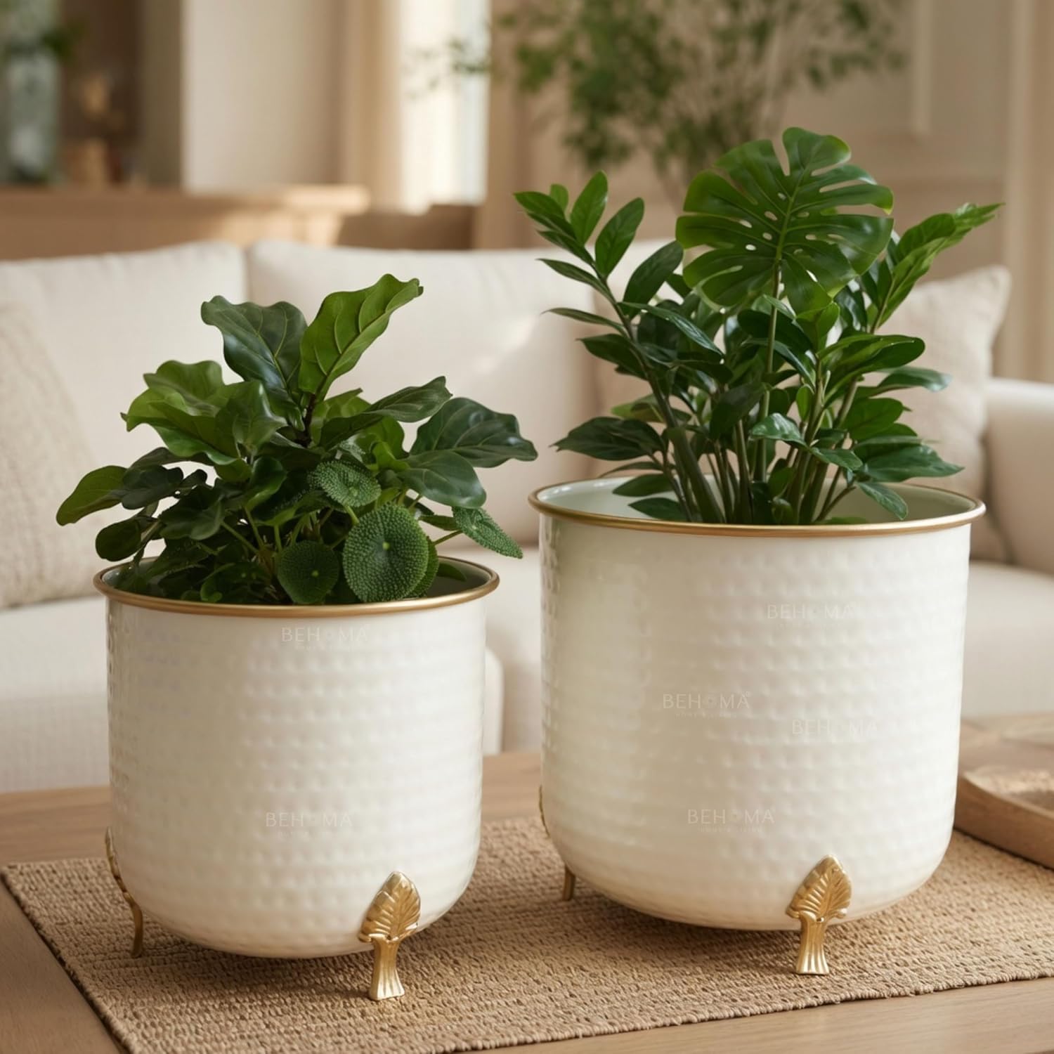 BEHOMA Metal Hammered Leaf Leg Planter Set of 2, White Planter with Golden Trim, Modern Indoor Outdoor Decor Balcony Living Room Office |Table Decoratives Plant Pot for Gifting (Plant not Included)