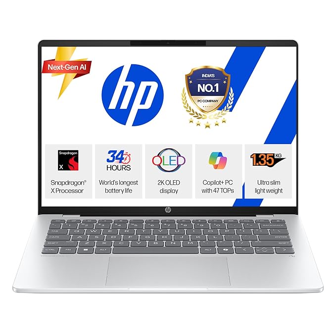 HP Smartchoice OmniBook 5 OLED (Previously Pavilion), Snapdragon X Processor 45 Tops (16GB LPDDR5x, 1 TB SSD), 2K 14''/35.6cm, Win11, Office24, Silver, 1.29kg, he0015QU, Multi-Day Battery, AI Laptop