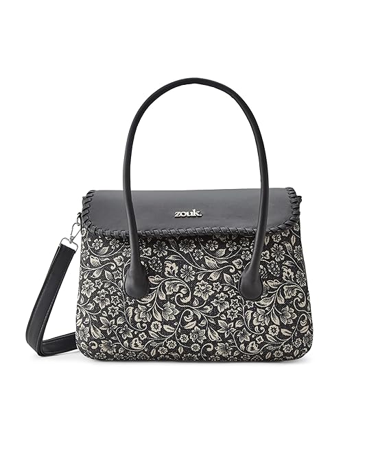ZOUK Printed Jute Handcrafted Vegan Leather Multicolor Women's Satchel Bag | Ladies Purse Handbag | Double Handle Detachable Strap