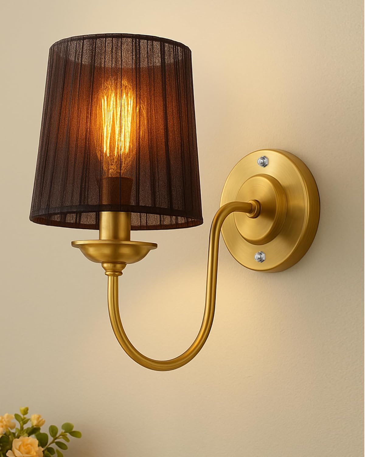 Homesake® Antique Brass Wall Sconces Lighting Fixture, E27 Industrial Vintage Gold Wall Light Lamp Bathroom Decor for Bedroom Living Room, Sheen Fabric Shade, Brass (Gold, Set of 2)