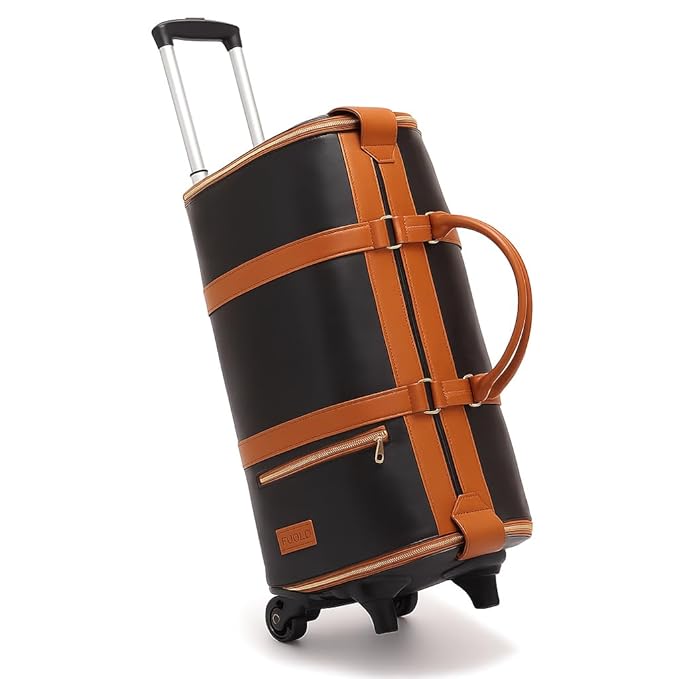 FUOCO Carry On Travel Trolley Bag, PU Leather Mega Garment Duffle Bag for Women Men, Convertible Duffle Bag for Travel, 2 in 1 Hanging Suitcase Suit Traveling Bag 1 Year Warranty (Black_Tan)