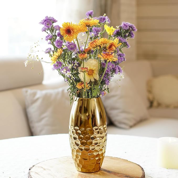 Behoma Metal Hammered Vase for Home Decor Decoratives for Indoor Living Room | Best Gift for Birthday Anniversary Valentine's Day |Golden Half Hammered Oblong Shape 1 Large Pcs (Flower not Included)