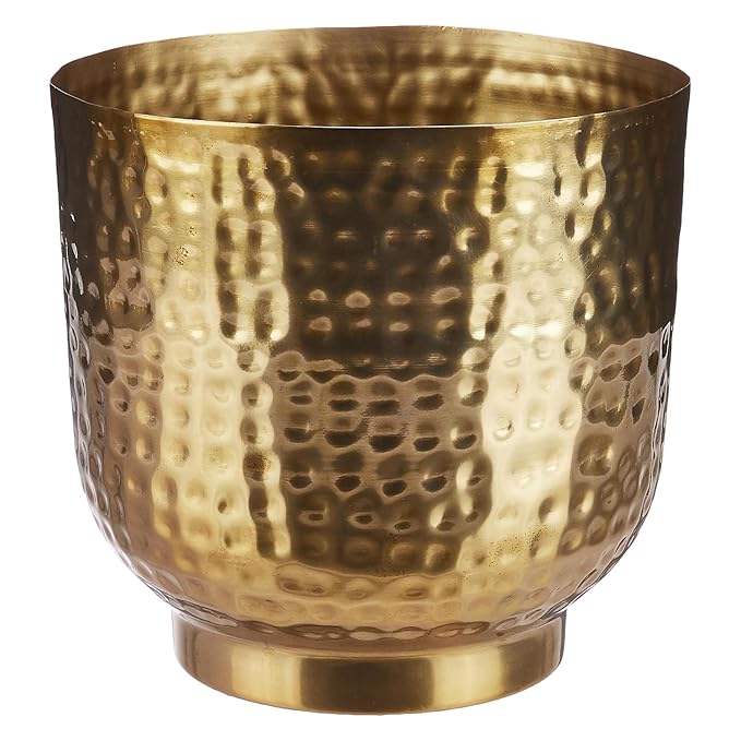 amazon basics Metal Planters with Hammered Texture | Suitable for Living Room, Bedroom Decor | (Glossy Gold)