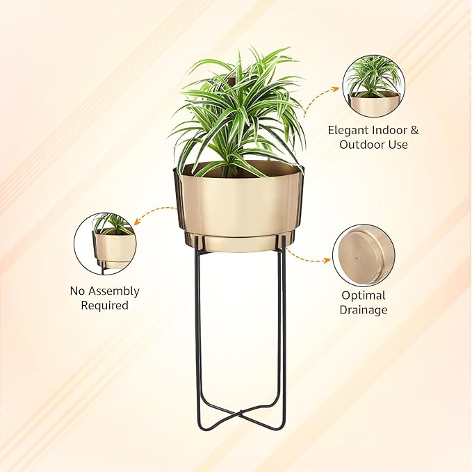 amazon basics Planter Flower Pot with Stand | for Home Décor | (Medium) (Antique Gold and Copper Finish)