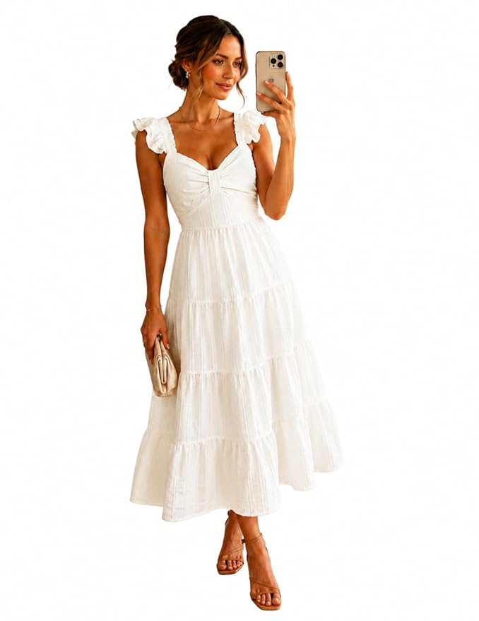 Elegant White Ruffle Sleeve Midi Dress