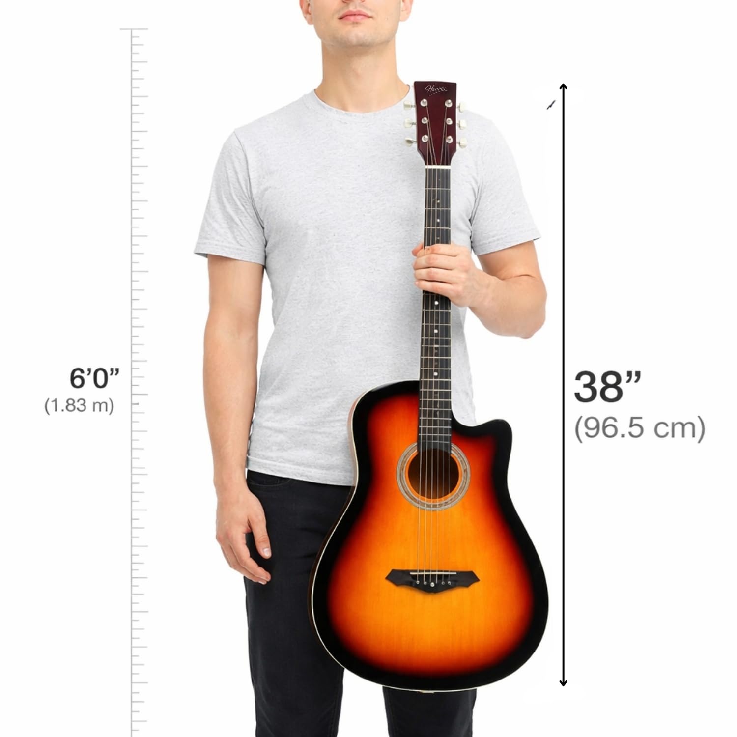 Henrix 38C 38 Inch Basswood Cutaway Acoustic Guitar With Dual Action Truss Rod, Gigbag, Picks, String Set, String Winder, Strap, Polishing Cloth & Ebook - Sunburst