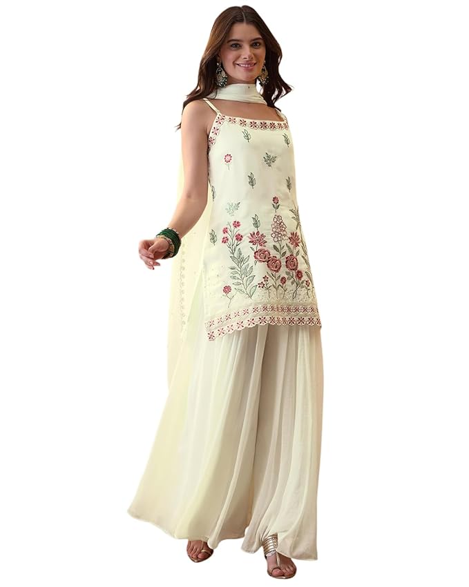 Amazon Brand - Tavasya Orange Bitaliyan Silk Blend Cotton Thread Embroidered Kurta Set with Pant and Dupatta for Wear (TKVSKS538_INDS_A)