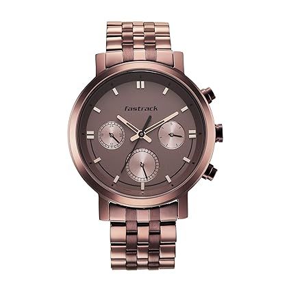 Fastrack Men Tick Tock Quartz Multifunction Brown Dial Brown Metal Strap Watch - NT3287QM01?