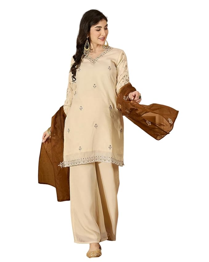 Amazon Brand - Tavasya Women Shimmer Zari Sequence Thread and Cording Embroidery Kurta Set|Salwar Suit|3 Piece Set