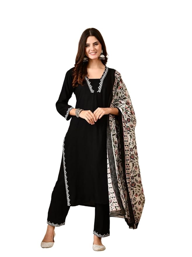 Amazon Brand - Tavasya Womens Solid Embroidered Pure Cotton Kurta with Trousers & Floral Printed Dupatta | Kurta Set | Salwar Suit | Ethnic Wear
