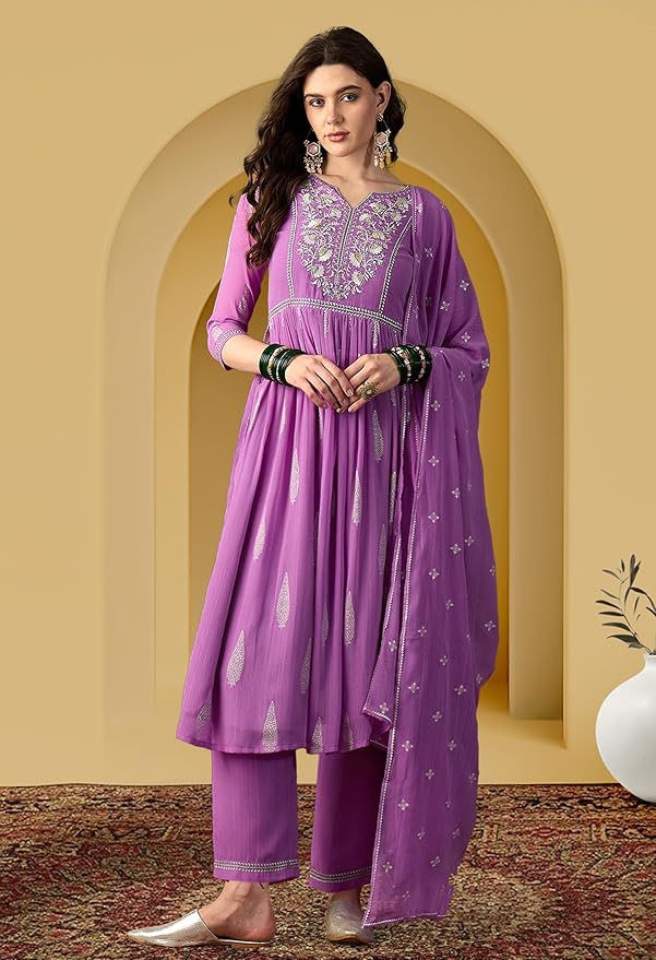 Amazon Brand - Tavasya Women Milky Georgette Zari Sequence Embroidered Kurta Set |Ethnic Wear