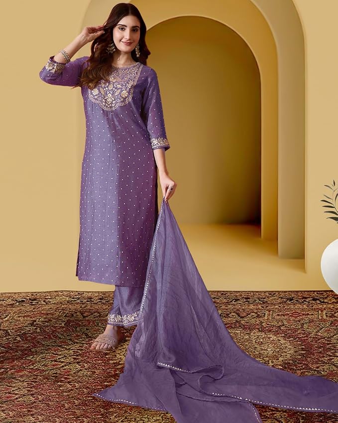 Amazon Brand - Tavasya Women Vichitra Zari Sequence Embroidered with Foil Printed Kurta Set | Kurta Set | Ethnic Wear
