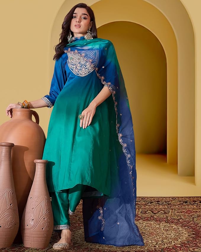 Amazon Brand - Tavasya Women Silk Blend Zari Sequence Thread Embroidered Kurta with Pant and Dupatta |Ethnic Wear