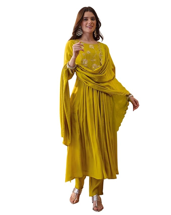 Amazon Brand - Tavasya Women Mal Chanderi Zari Sequin Thread EmbroideKurta Set with Pant and Dupatta for Wear