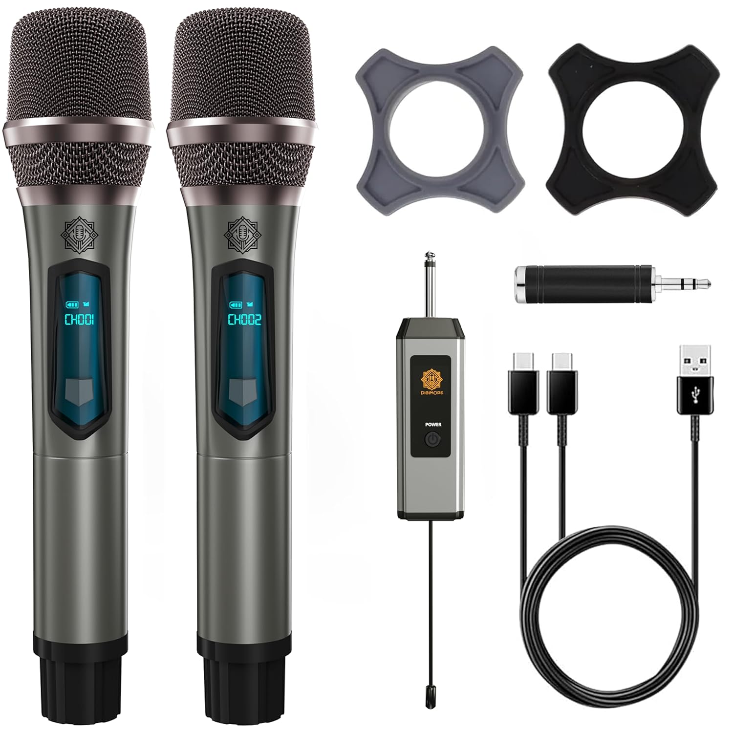 DIGIMORE Dual UHF Wireless Mic System | Cardioid Polar Pattern, Noise-Reduction Coil, <5ms Latency, 200ft Wireless Range, 10H Battery | Crystal-Clear Vocals | Ideal for Stage Shows & Events (D-350)