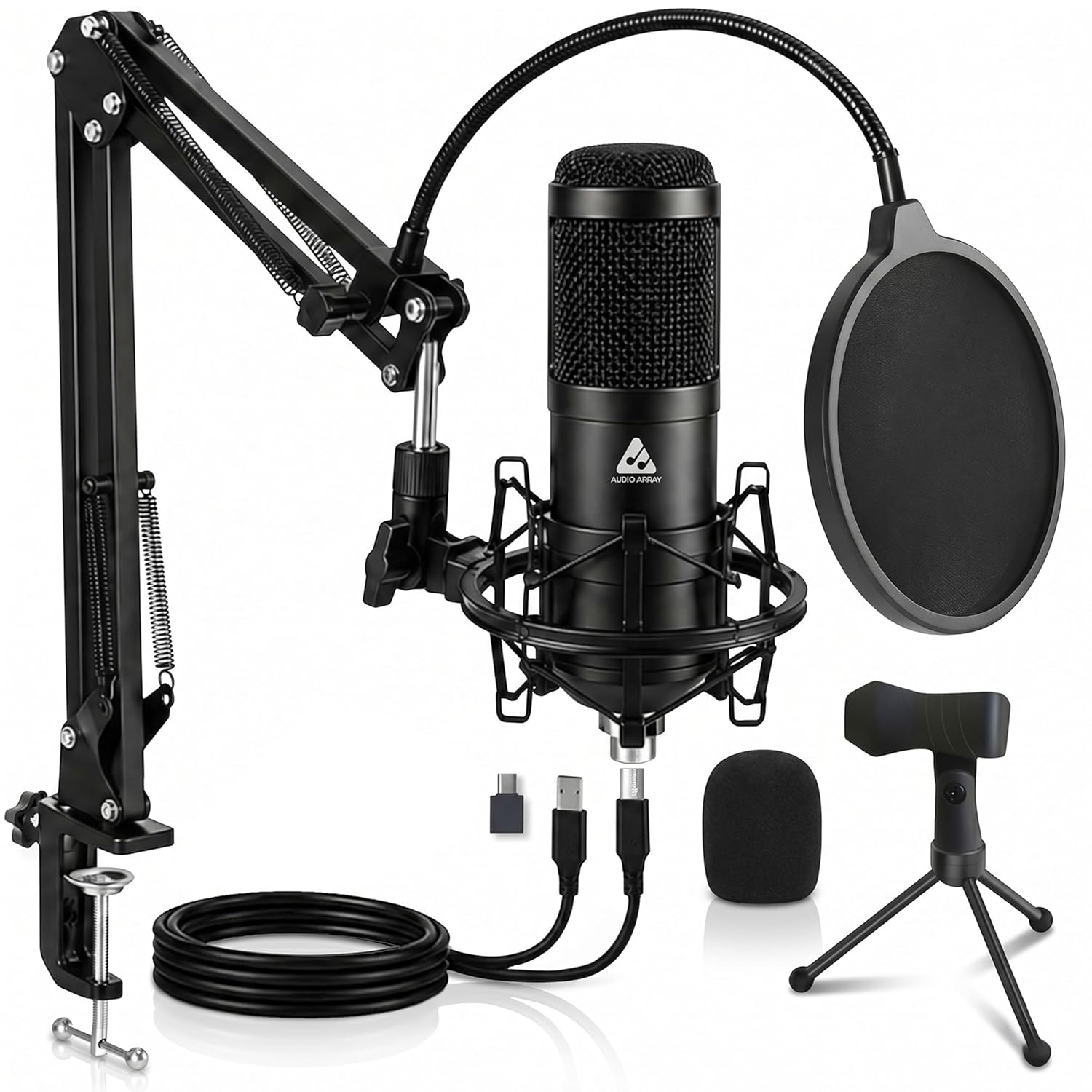 Audio Array AM-C1 USB Condenser Microphone Kit | for Podcasting, Online Meeting, Gaming, Singing & Live Streaming | Boom Arm, Pop Filter, Mic Cover, Spider Shock Mount, Tripod & 2.5M USB Cable