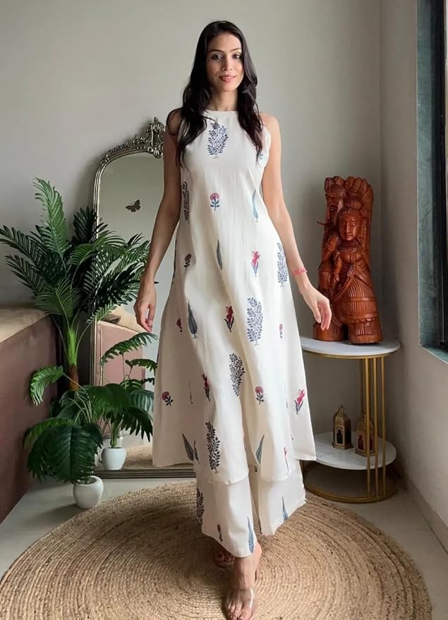 Klosia Women Pure Cotton Kurta Palazzo Set | Sleeveless Printed Kurta with Palazzo Pants | Summer Friendly, Office Wear Co-Ord Set