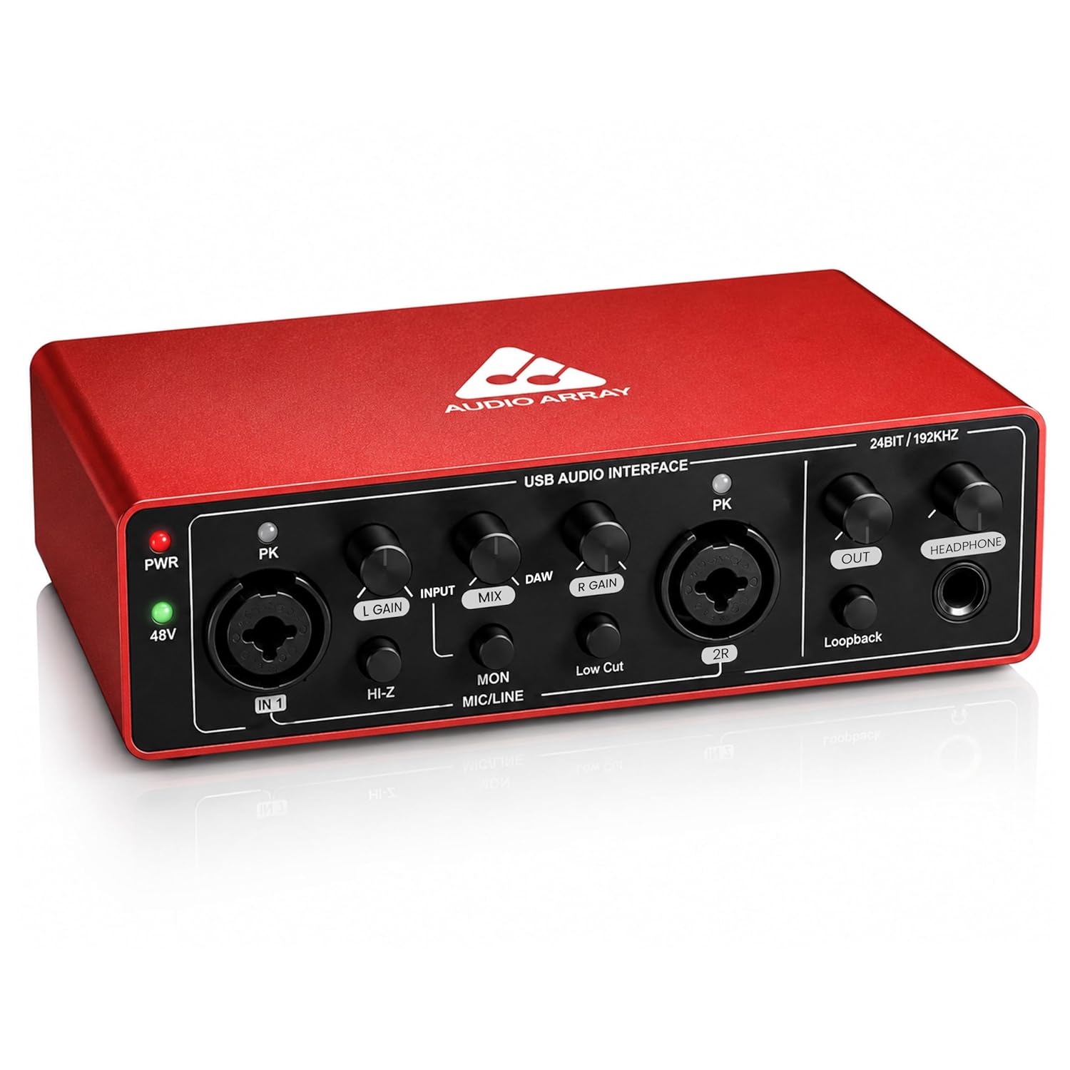 Audio Array AI-04 HD 2x2 Gen 3 Audio Interface | Premium Mic Pre-Amps | 48V Phantom Power | 24bit/192kHz Hi-Fi Recording | XLR/MIC/LINE inputs | Plug & Play-No Drivers | 2 in 3 out | Metal Body | Red