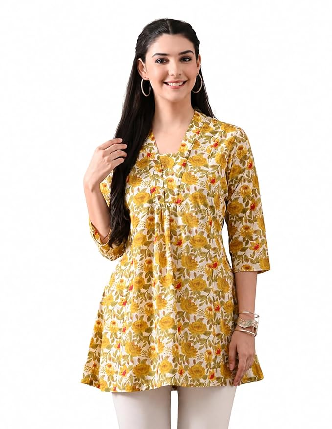 Amazon Brand - Tavasya Women Ethnic Printed V-Neck Cotton Short A-line Kurta | Stylish Casual Everyday Office Top | 3/4th Sleeve | Regular Fit